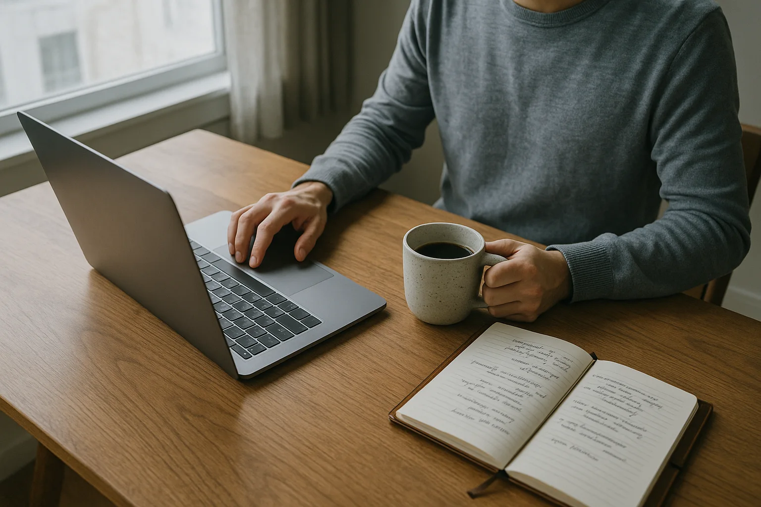 Editorial stock photograph for a consumer-finance website. Subject: warm morning photograph of a person at a wooden kitc